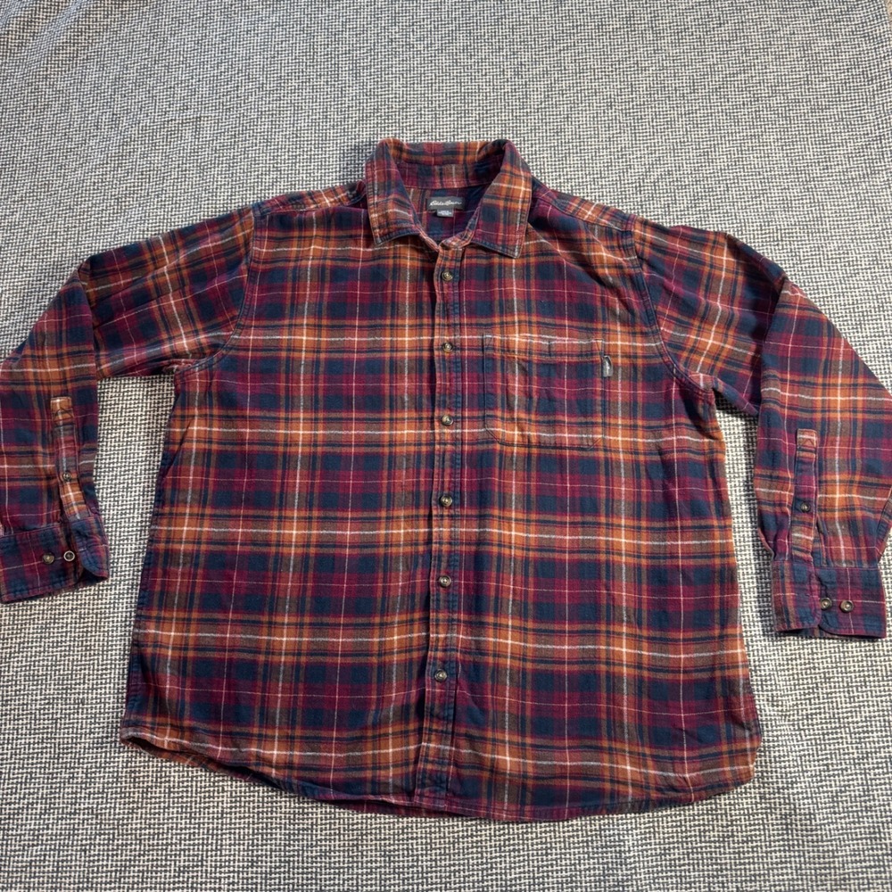 Eddie Bauer Mens XL Flannel Shirt Plaid Red Orange Navy EMT5568S Button Down